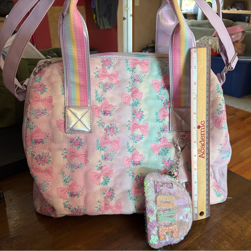 OMG Pastel Pink Quilted Bow Print Shoulder Bag with Rainbow Straps